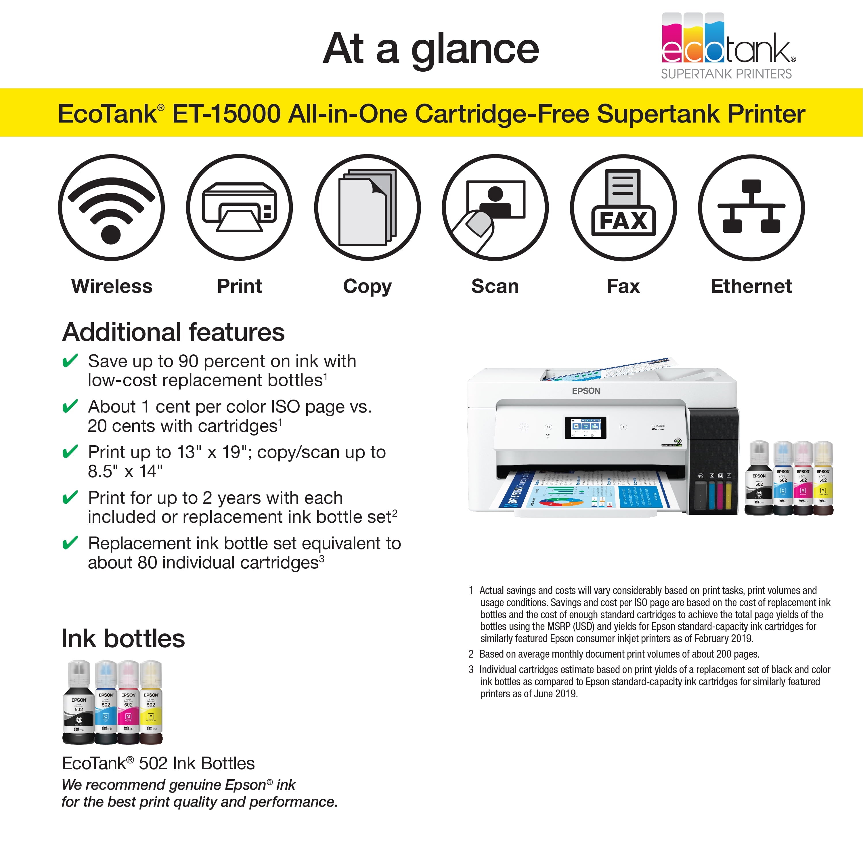 Epson EcoTank ET-15000 Wireless Color All-in-One Supertank Printer with Scanner, Copier, Fax, Ethernet and Printing up to 13 x 19 Inches