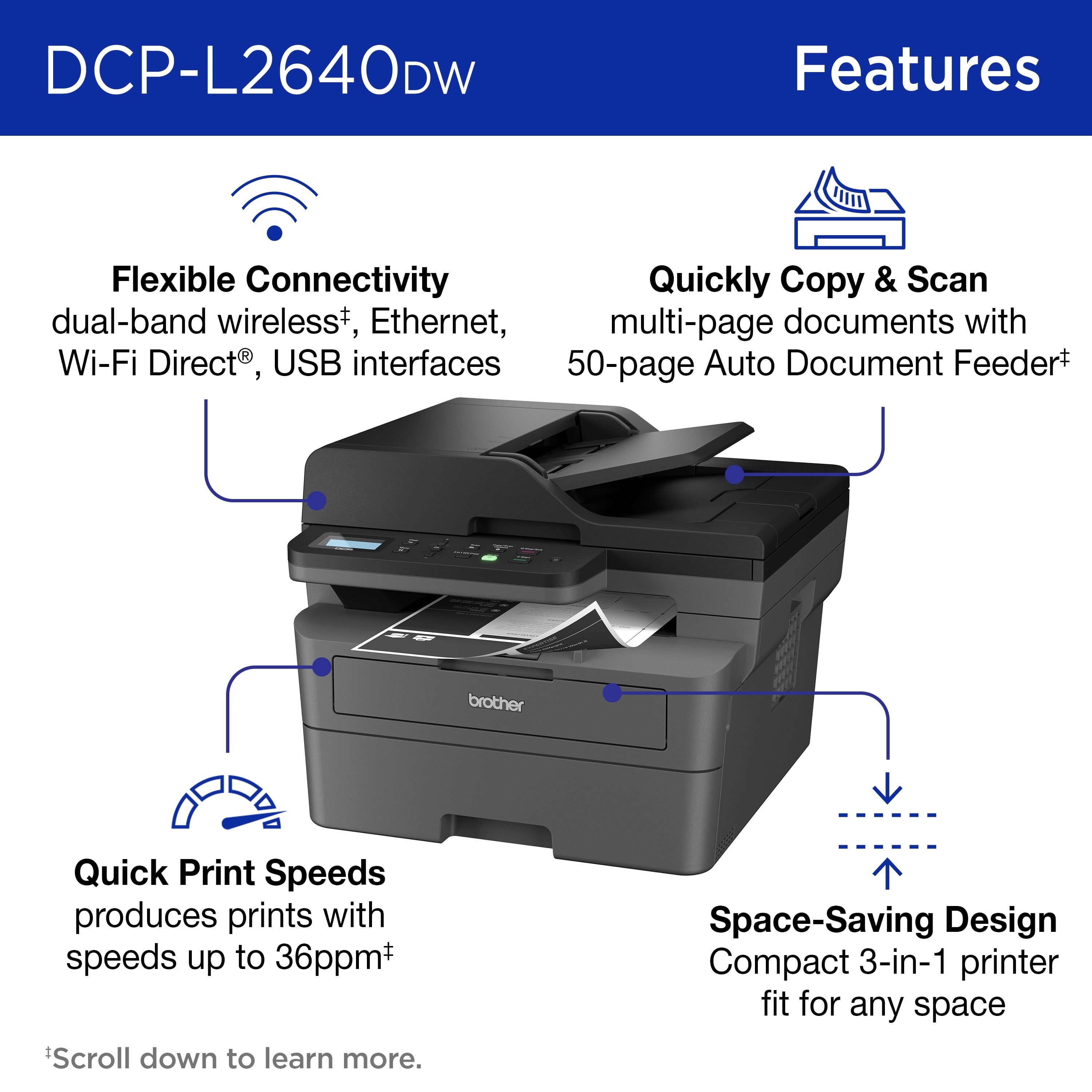 Brother Wireless DCP-L2640DW Compact Monochrome Multi-Function Laser Printer with Print, Copy and Scan, Duplex and Mobile Printing