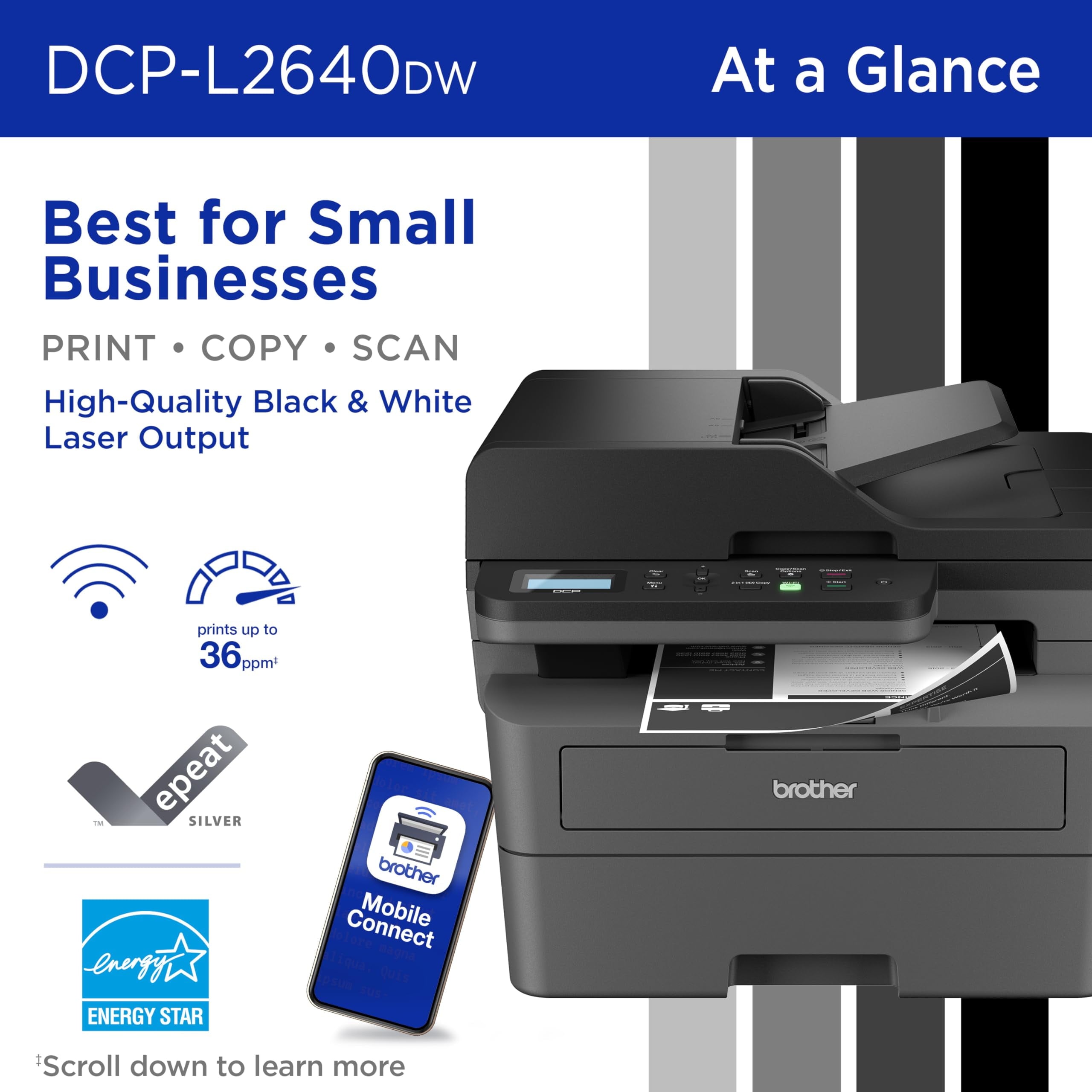 DCP-L2640DW Wireless Monochrome Laser Printer with Copy Scan Duplex Mobile, Compact 3-in-1 for Home Office Small Business, Works with Alexa, Black