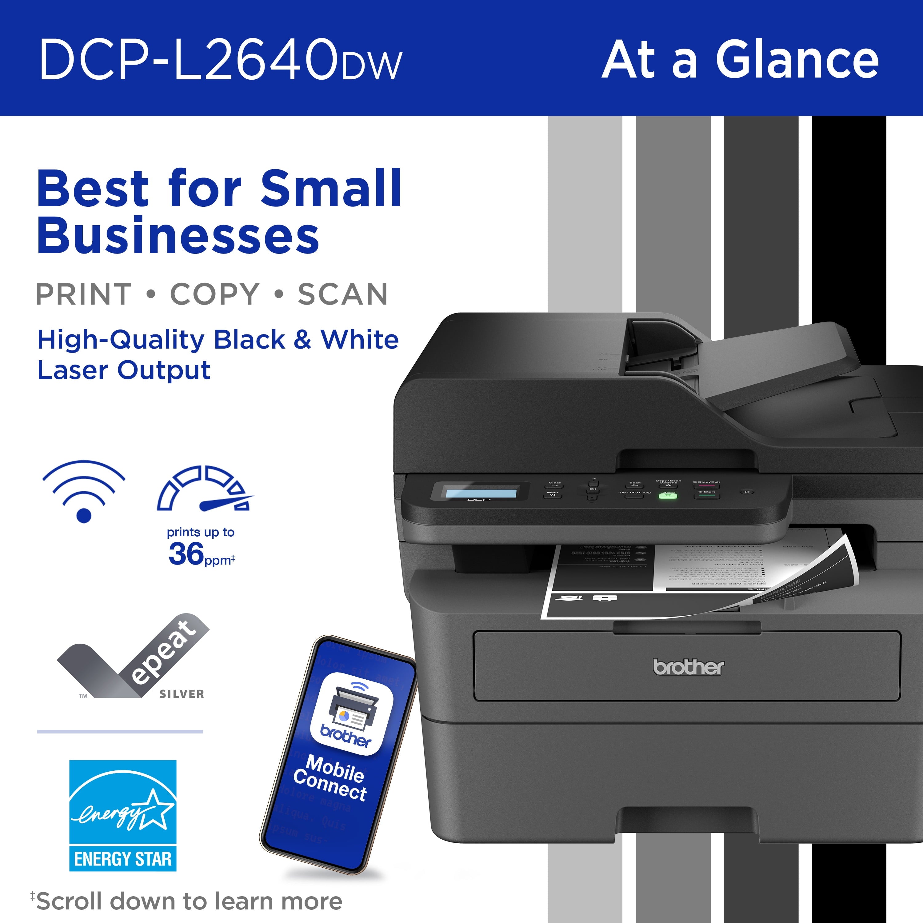 Brother Wireless DCP-L2640DW Compact Monochrome Multi-Function Laser Printer with Print, Copy and Scan, Duplex and Mobile Printing
