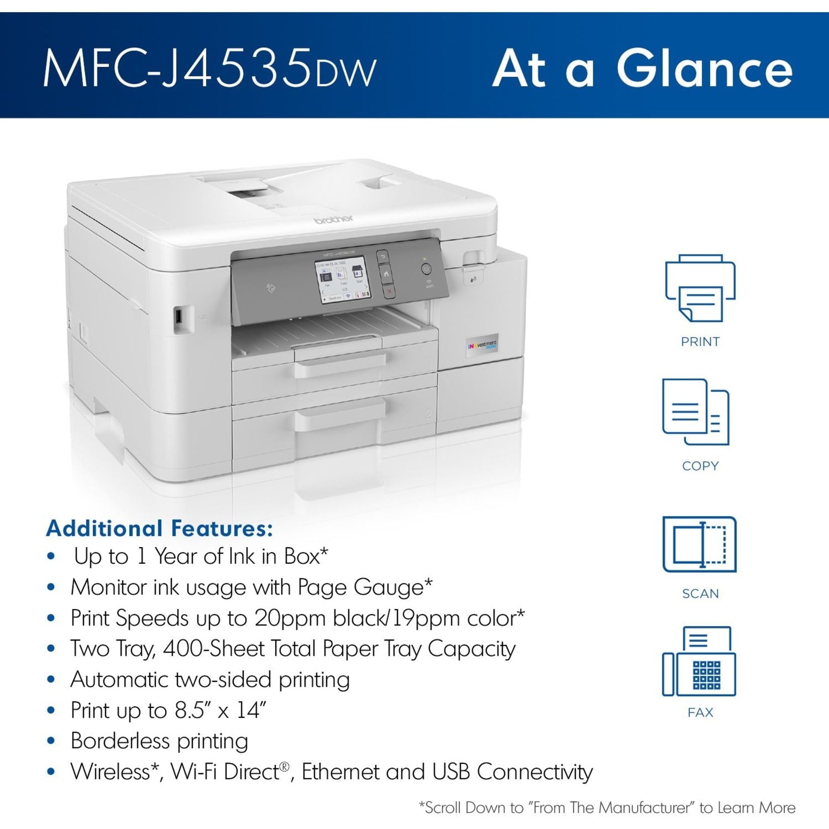 Brother MFC-J4535DW INKvestment Tank Color Inkjet All-in-One Printer, Wireless, Duplex Printing, Up to 1-Year of Ink Included